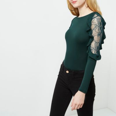 Dark green frill lace sleeve top